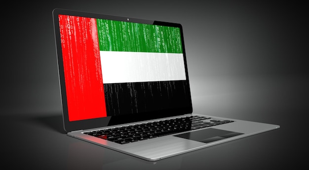Landesflagge der Vereinigten Arabischen Emirate und Binärcode auf Laptop-Bildschirm 3D-Illustration