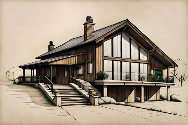 Landhaus aus Holz im architektonischen Zeichnungsstil