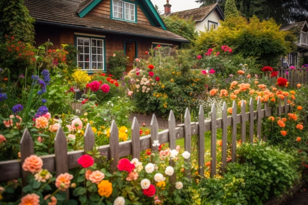 Landhaus aus Holz mit Sommerblumen auf der Veranda