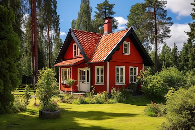 Landhaus Garten Außenarchitektur süß gemütliches rotes Haus weiße Fenster Pflanzen Bäume Garten