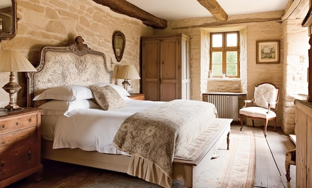 Landhaus-Schlafzimmer-Dekor, Innenarchitektur und Ferienvermietung, Bett mit eleganter Bettwäsche und antiken Möbeln, generative KI im englischen Landhaus- und Cottage-Stil