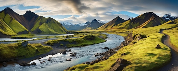 Landmannalaugar Landschaftspanorama Berge Isländische Täler mit einem Fluss Generative KI