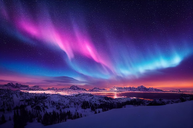 Landschaft 3d-Illustration Nordlichter auf dem malerischen Blick über den See und die Berge