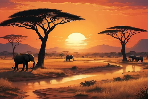 Foto landschaft afrikas mit warmem sonnenuntergang