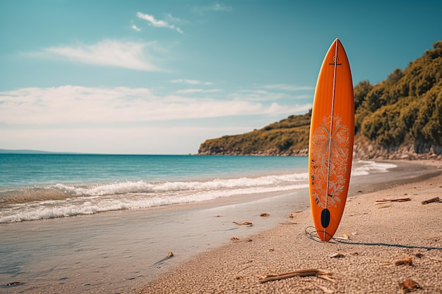 Landschaft am Meer mit einem Surfbrett am Strand vor dem Hintergrund des Meeres und des Himmels