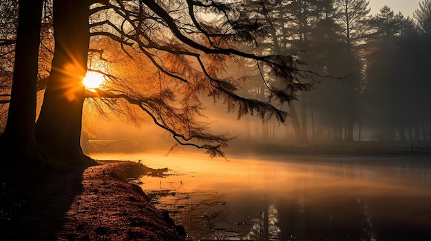 Landschaft am Morgen im herbstlichen nebligen Wald die Sonnenstrahlen in der Morgendämmerung glänzen durch den Nebel in einem Panoramablick auf den Oktoberpark