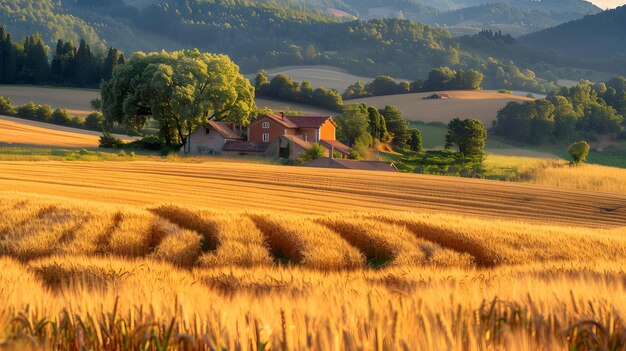 Landschaft auf dem Land mit Weizenfeldhausbäumen und Bergen im Hintergrund