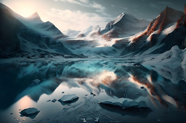 Landschaft aus hohen eisigen Bergen in der Nähe eines Sees. Digitale Kunst.