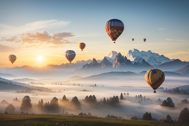 Landschaft aus Morgennebel und Bergen mit Heißluftballons bei Sonnenaufgang