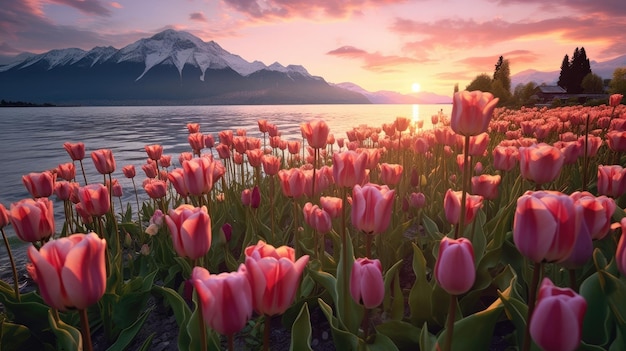 Landschaft aus rosafarbenen Tulpenfeldern am See, Sonnenlicht scheint auf Tulpenfelder und ein Berg bei Sonnenuntergang im Hintergrund. Generative KI