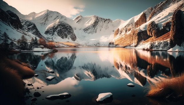 Landschaft aus schneebedeckten Bergen, die sich in einem See spiegeln Erstellt mit generativer KI-Technologie