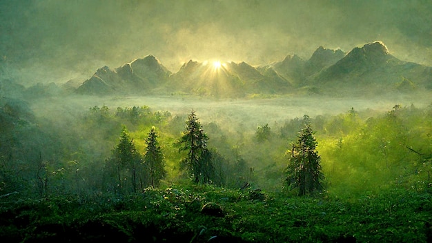 Landschaft aus überwucherten grünen Bergen mit einem Wald in den Strahlen des morgendlichen Sonnenaufgangs Digitale Kunst