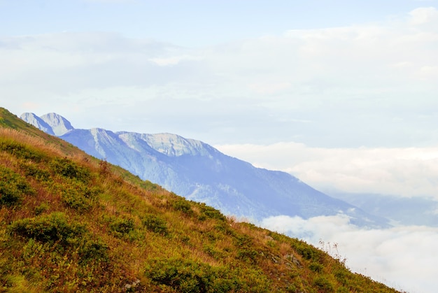 Landschaft - Blick von der Bergspitze an einem sonnigen Tag auf das von niedrigen Wolken verborgene Tal