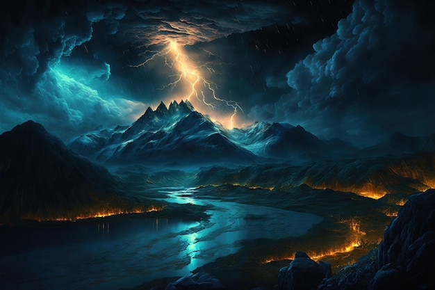 Landschaft der Beleuchtung über den Bergen mit einer dramatischen Komposition.