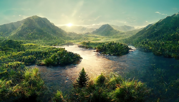 Landschaft der Berge mit Seewaldbäumen und Sonne im blauen Himmel 3D-Darstellung