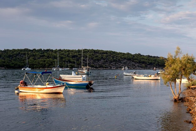 Landschaft Der Blick auf das Meer und die Boote vor Anker im Abendlicht in der Nähe der Stadt Epidavros Peloponnes Griechenland