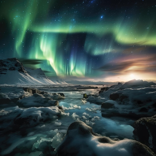 Landschaft der grünen Aurora Borealis, die am Nachthimmel über dem schneebedeckten Bergrücken leuchtet, generative KI