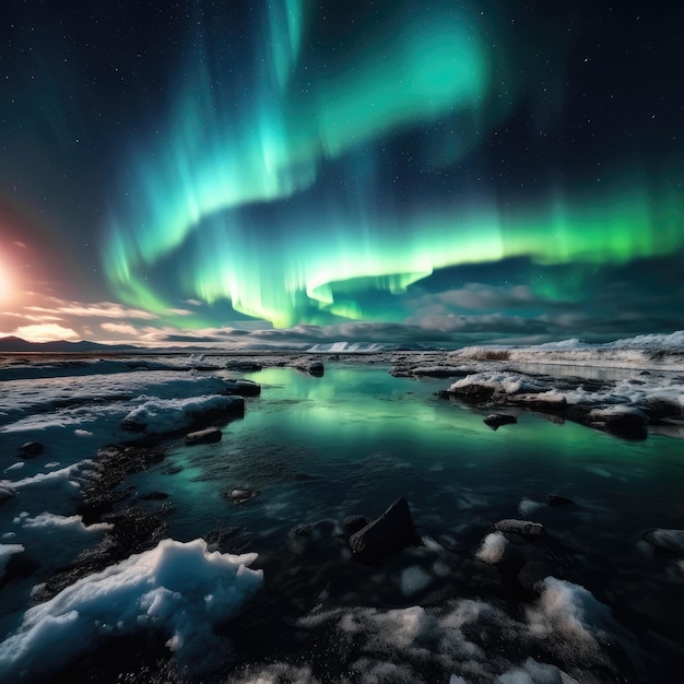 Landschaft der grünen Aurora Borealis, die am Nachthimmel über dem schneebedeckten Bergrücken leuchtet, generative KI