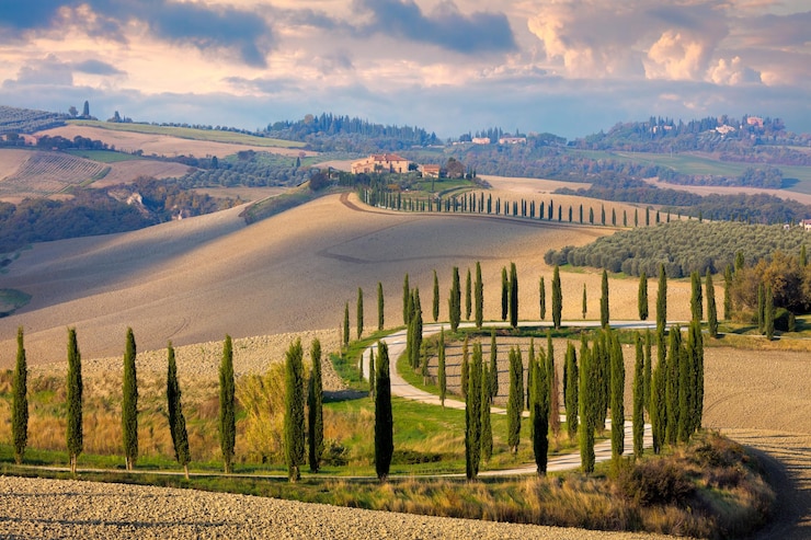 Foto landschaft der hügel, landstraße, zypressen, bäume und landhäuser, toskana, natur, ländlich, italien, europa
