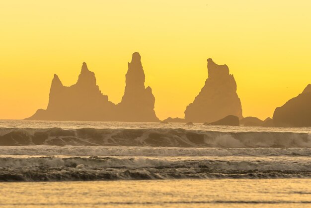 Landschaft der Küste von Vik bei Sonnenuntergang in Island