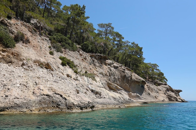 Landschaft der natürlichen Felsenberge der Türkei über blauem Meerwasser