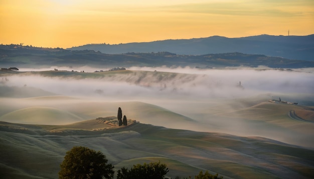 Landschaft der Toskana bei Sonnenaufgang mit geringem Nebel