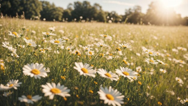 Foto landschaft der weißen gänseblümchen in den schönen reisfeldern mit der sonne, die im grasland scheint