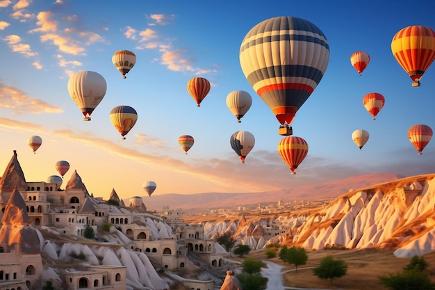 Landschaft des fabelhaften Kapadokya. Bunte Heißluftballons fliegen mit generativer KI