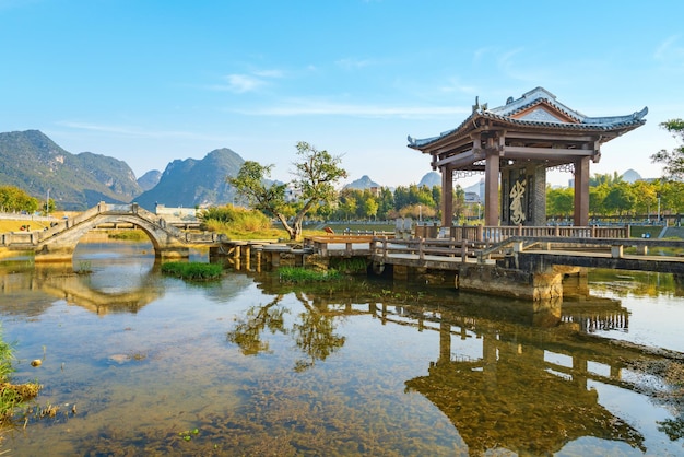 Foto landschaft des longtan wetland park jingxi guangxi chinachinesische übersetzung gans