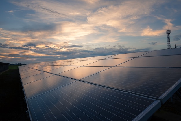 Landschaft des Solarparks bei Sonnenuntergang