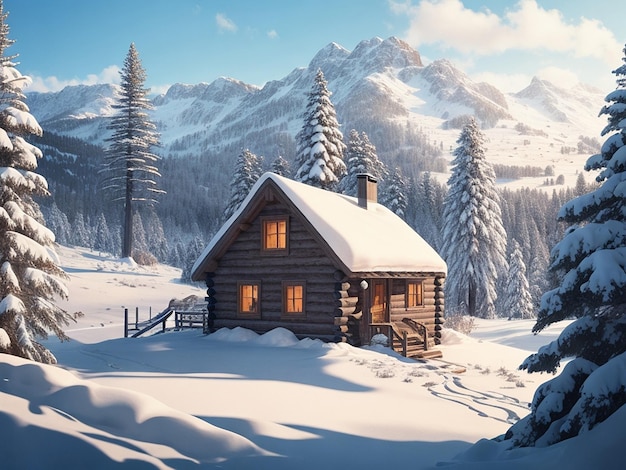Landschaft einer Hütte mitten in schneebedeckten Bergen