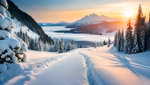 Landschaft einer winterlich verschneiten Straße mit verschneitem Waldweg rechts und links mit klarem Himmel und hellem Abendsonnenuntergang im Hintergrund