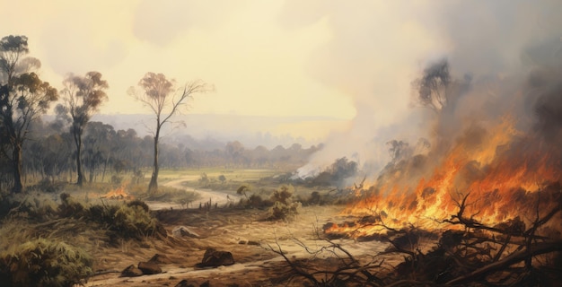 Landschaft eines brennenden Waldes Konzept der Umweltverschmutzung Umweltauswirkungen KI