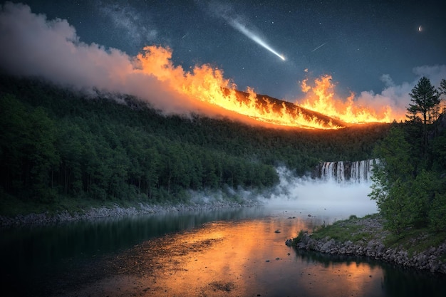 Landschaft eines brennenden Waldes mit einem Fluss bei Nacht