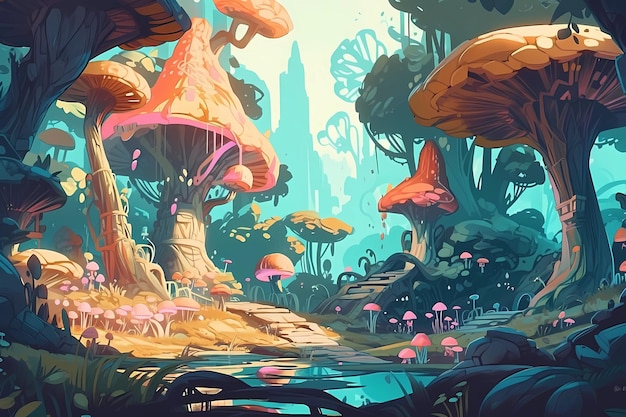 Landschaft eines fantastischen Waldes mit heller Farbdigitalkunstillustration