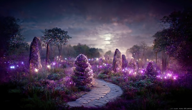 Landschaft eines Nachtgartens, der mit violetten Lichtern leuchtet und Bäume, Büsche und einen Steinweg beleuchtet