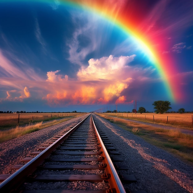 Foto landschaft eines regenbogens, der über dem wunderschönen himmel über der generativen ki des zuggleises sichtbar ist
