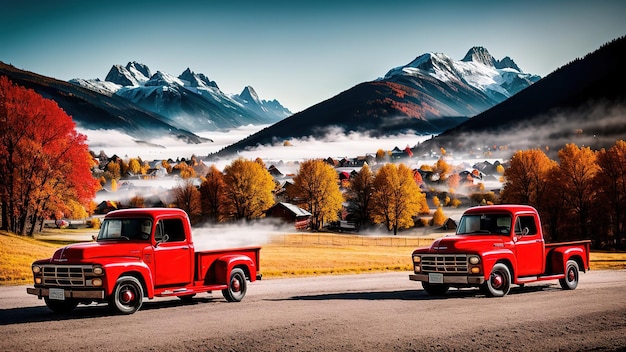 Landschaft eines roten Pickups im Hintergrund eines malerischen Dorfes in den Bergen