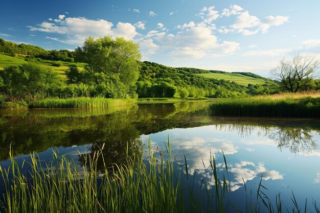 Landschaft eines Seen, der umgeben ist