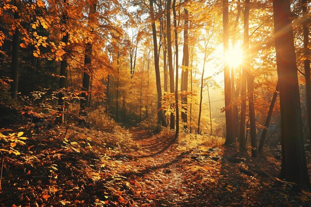 Landschaft eines Waldes, der im Herbst im Sonnenlicht mit trockenen Blättern und Bäumen bedeckt ist