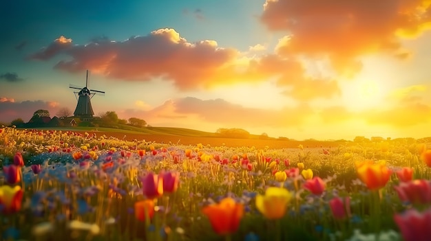 Landschaft eines wunderschönen Tulpenfeldes in den Niederlanden bei Sonnenuntergang