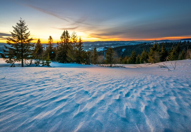 Landschaft im Gebirgstal mit Fichtenwald und Schneeverwehungen