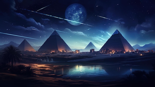 Landschaft mit alten ägyptischen Pyramiden Nachtansicht KI-Generation