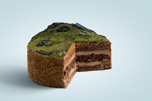 Landschaft mit Berg auf Kuchen. Gemischte Medien