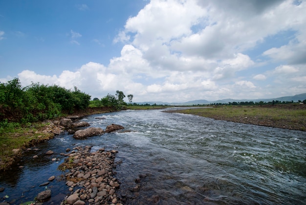 Landschaft mit Bergbäumen und einem Fluss vor