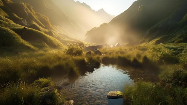 Landschaft mit Bergwald und einer schönen Landschaft des Flusses Generative KI