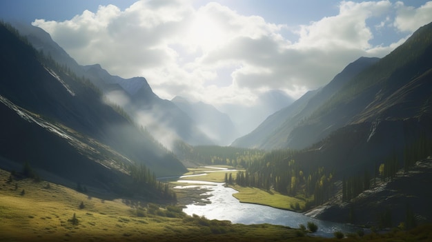 Landschaft mit Bergwald und einer schönen Landschaft des Flusses Generative KI