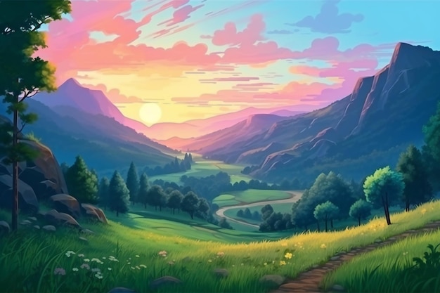 Landschaft mit Bergwiesen und Wald bei Sonnenuntergang Digitale Malerei