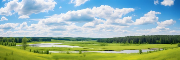 Landschaft mit blauem Himmel und weißen, flauschigen Wolken