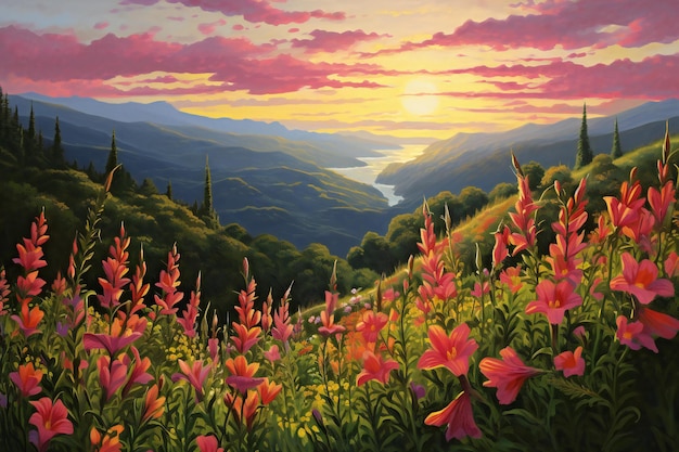 Landschaft mit Blumen in den Bergen bei Sonnenuntergang Illustration